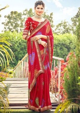 Red Bandhani Print Saree In Chiffon