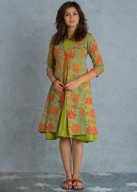 Green Indo Western Dress With Block Printed Jacket
