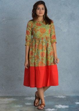 Green and Orange Hand Floral Block Printed Flared Dress