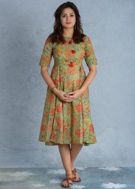 Readymade Green Floral Block Print Indo Western Dress