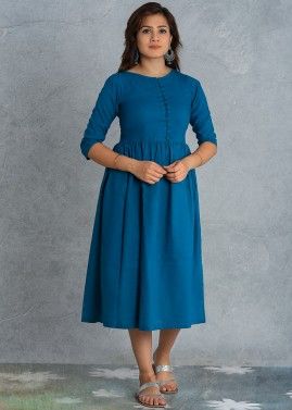 Blue Cotton Readymade Flared Indo Western Dress