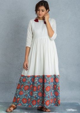 White and Blue Hand Floral Block Printed Border Dress