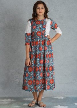 Readymade Blue and White Floral Block Printed Dress