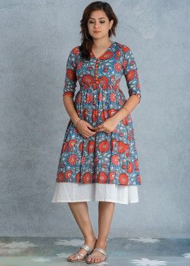 Blue and White Floral Block Printed Twin Layered Dress