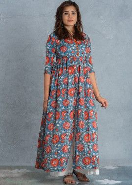 Blue Cotton Floral Block Printed Slit Style Long Dress
