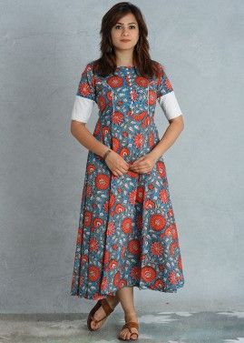 Readymade Blue Floral Block Print Indo Western Dress