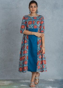 Blue Floral Block Printed Readymade Paneled Dress