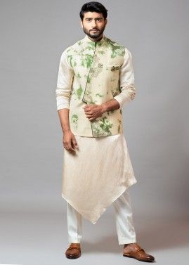 Readymade Cream Nehru Jacket And Asymmetric Kurta Set