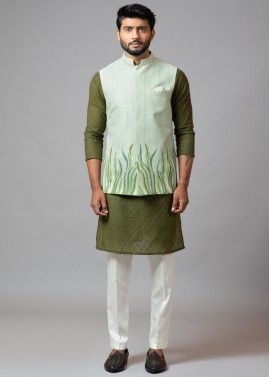 Green Readymade Kurta Pajama With Nehru Jacket