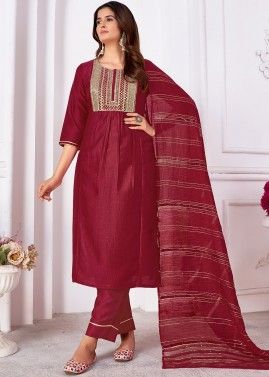 Maroon Readymade Embroidered Pant Suit In Art Silk