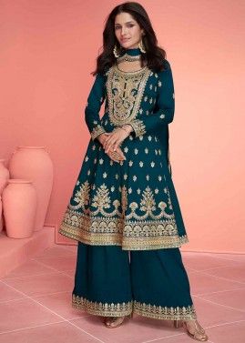 Readymade Teal Blue Embroidered Flared Palazzo Suit