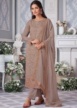 Mauve Brown Organza Pant Suit In Dori Embroidery