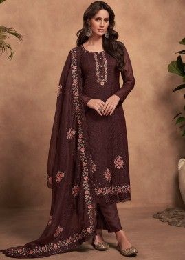 Dark Brown Embroidered Pant Style Suit