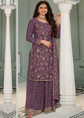 Prachi Desai Purple Embroidered Sharara Suit Set