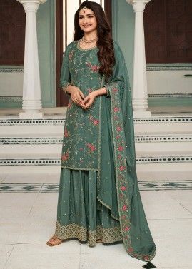 Prachi Desai Green Embroidered Sharara Suit In Chiffon