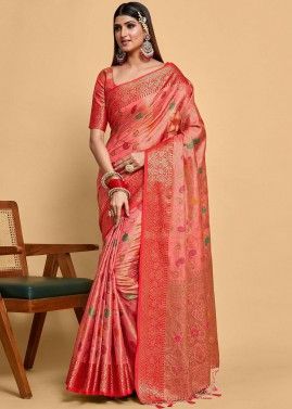Coral Pink Zari Woven Saree With Blouse