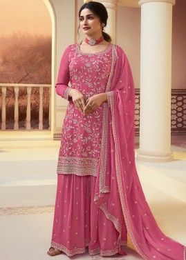 Parachi Desai Pink Embroidered Chiffon Sharara Suit