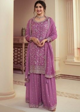 Prachi Desai Purple Embroidered Sharara Suit In Chiffon