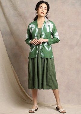 Readymade Green Dress With Tie Dye Printed Jacket