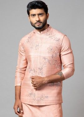 Pink Readymade Embroidered Nehru Jacket In Silk