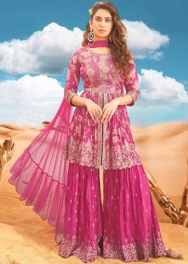 Pink Readymade Embroidered Slit Style Sharara Suit