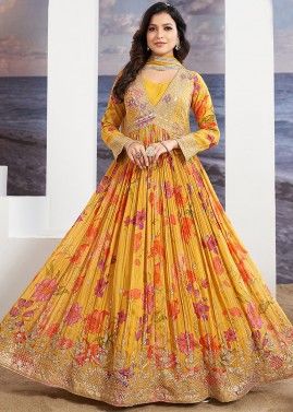 Yellow Floral Printed Readymade Anarkali Suit Set