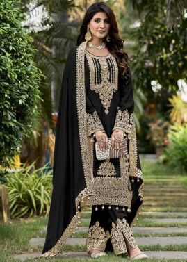 Readymade Black Embroidered Chiffon Pant Suit