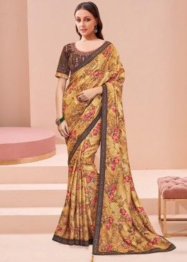 Yellow Floral Printed Saree In Georgette