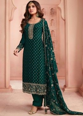 Green Woven Pant Suit Set In Jacquard