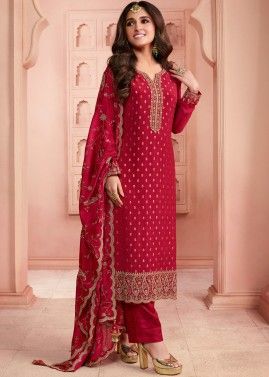 Pink Woven Pant Suit Set In Jacquard