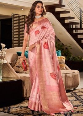 Pink Silk Saree In Digital Print
