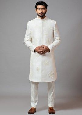 Readymade White Embroidered Sherwani In Silk