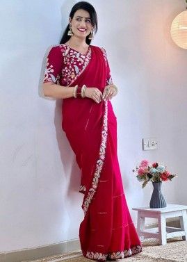 Pink Thread Embroidered Saree In Georgette