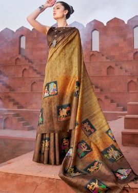 Multicolor Digital Printed Saree In Tussar Silk
