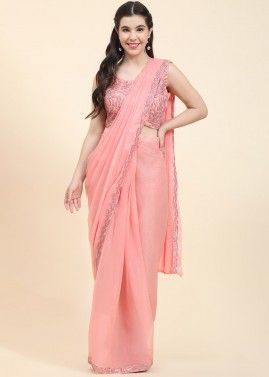 Peach Readymade Embroidered Saree In Georegette
