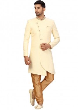 Cream Readymade Asymmetric Indo Western Sherwani Pant Set