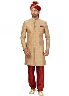 Readymade Golden Embroidered Art Silk Sherwani With Pant