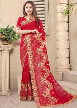 Red Embroidered Saree In Art Silk