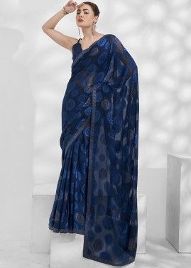 Blue Embroidered Saree In Jacquard