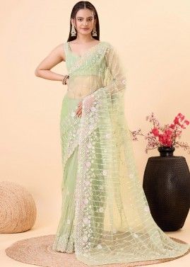 Green Sequins Embroidered Saree In Net