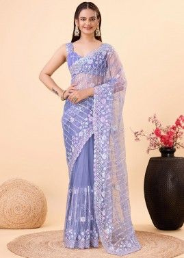 Purple Sequins Embroidered Saree In Net