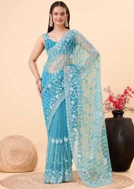 Blue Sequins Embroidered Saree In Net