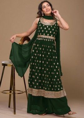 Green Palazzo Suit Set In Thread Embroidery
