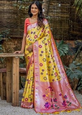 Yellow Woven Work Paithani Silk Saree & Blouse