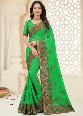 Green Resham Embroidered Georgette Saree With Blouse