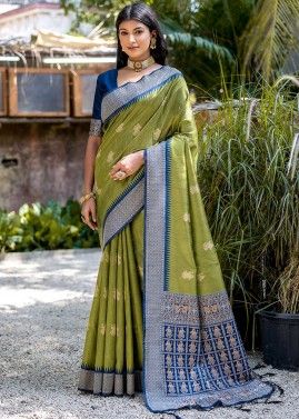 Green Tussar Silk Saree In Woven Work