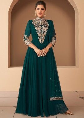 Green Georgette Embroidered Front Slit Readymade Pant Suit