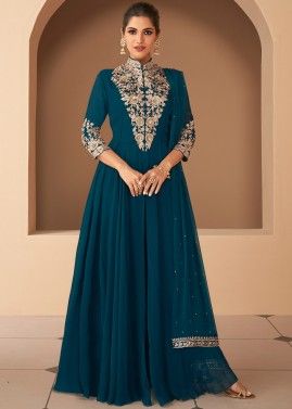 Teal Blue Embroidered Front Slit Readymade Pant Suit In Georgette