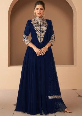 Blue Georgette Embroidered Front Slit Readymade Pant Suit Set