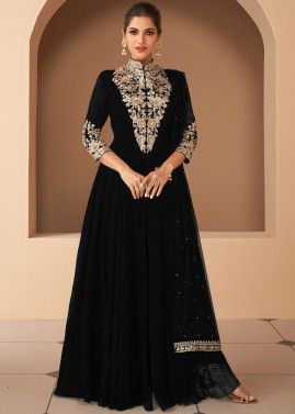 Black Georgette Embroidered Front Slit Readymade Pant Suit